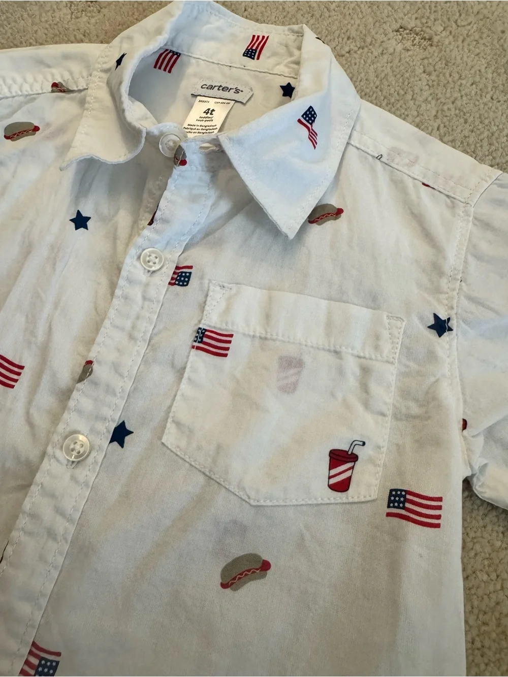 Carter's White Short-Sleeve Button-Down Shirt with Red & Blue Patriotic Motifs